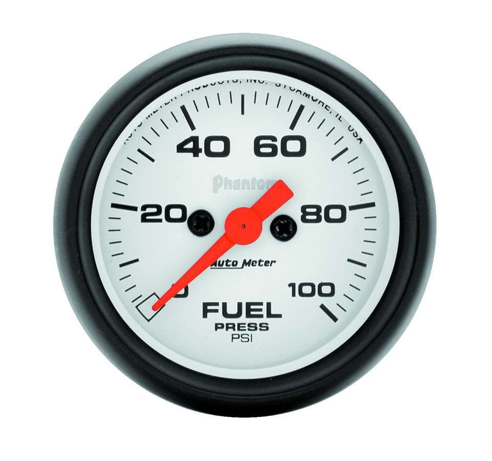 Auto Meter Fuel Pressure Gauge, Phantom, 0-100 psi, Electric, Analog, Full Sweep, 2-1/16" Diameter, White Face, Each
