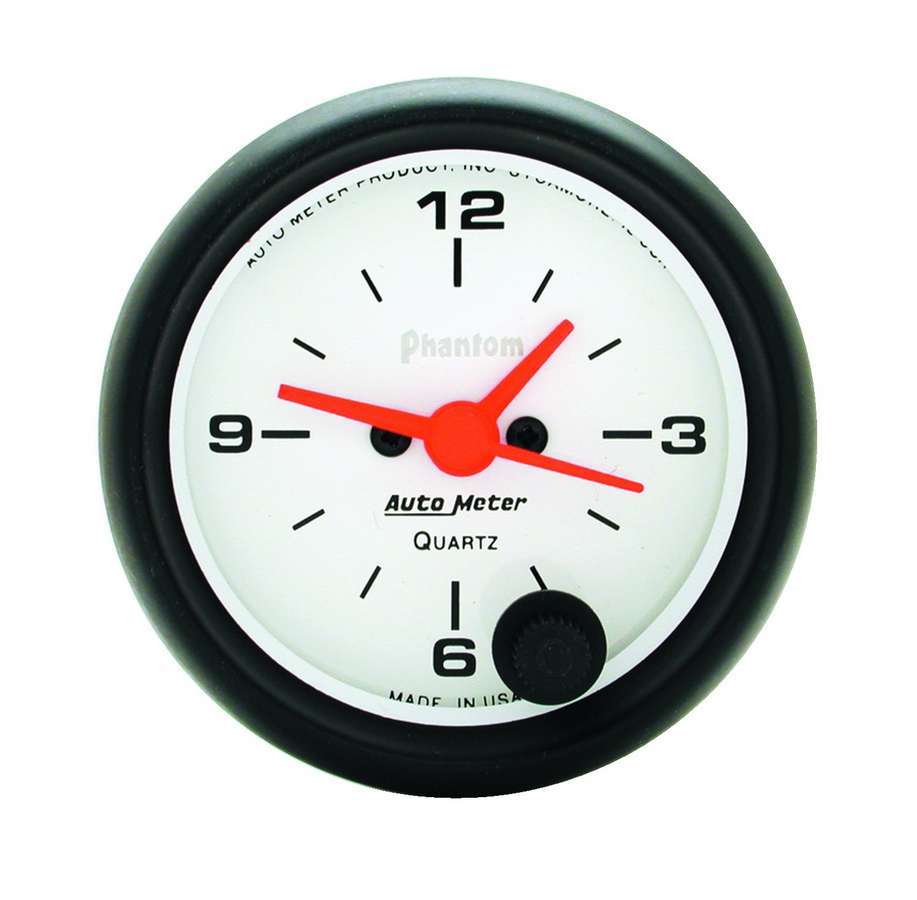 Auto Meter Clock Gauge, Phantom, Electric, Analog, 2-1/16" Diameter, White Face, Each