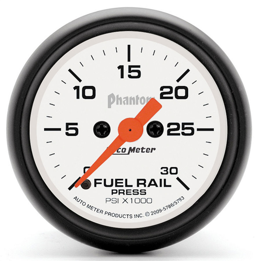 Auto Meter Fuel Rail Pressure Gauge, Phantom, 0-30000 psi, Electric, Analog, Full Sweep, 2-1/16" Diameter, White Face, Each