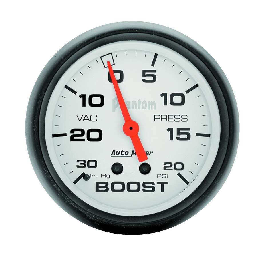 Auto Meter Boost/Vacuum Gauge, Phantom, 30" HG-20 psi, Mechanical, Analog, 2-5/8" Diameter, White Face, Each