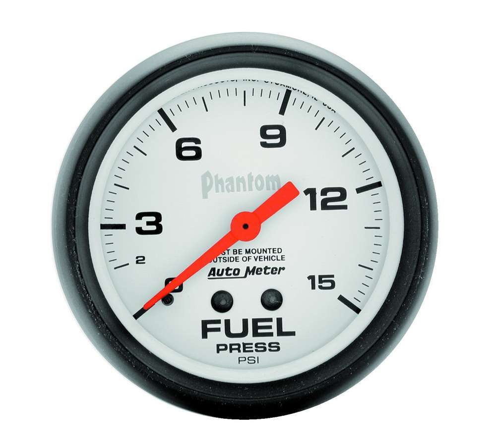 Auto Meter Fuel Pressure Gauge, Phantom, 0-15 psi, Mechanical, Analog, 2-5/8" Diameter, White Face, Each