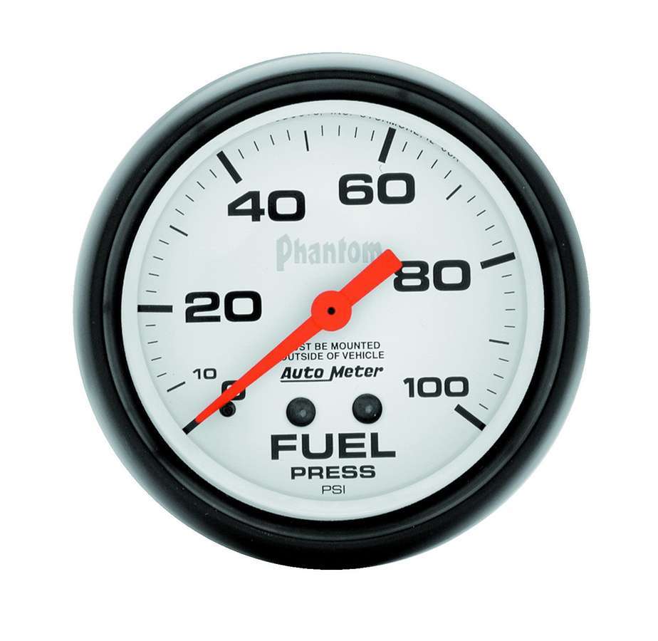 Auto Meter Fuel Pressure Gauge, Phantom, 0-100 psi, Mechanical, Analog, 2-5/8" Diameter, White Face, Each