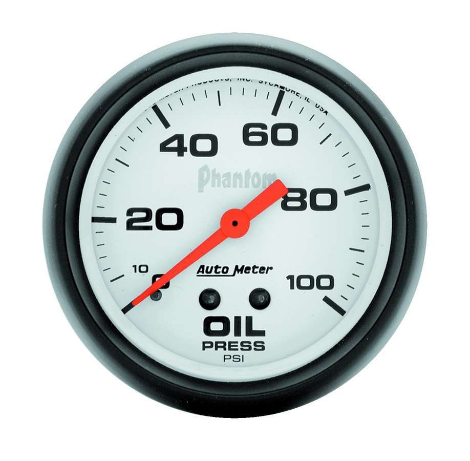 Auto Meter Oil Pressure Gauge, Phantom, 0-100 psi, Mechanical, Analog, 2-5/8" Diameter, White Face, Each
