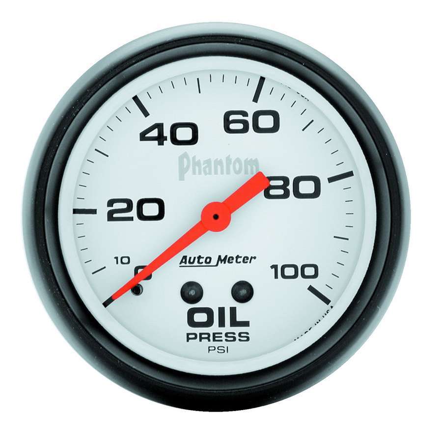 Auto Meter Oil Pressure Gauge, Phantom, 0-100 psi, Electric, Analog, Short Sweep, 2-5/8" Diameter, White Face, Each