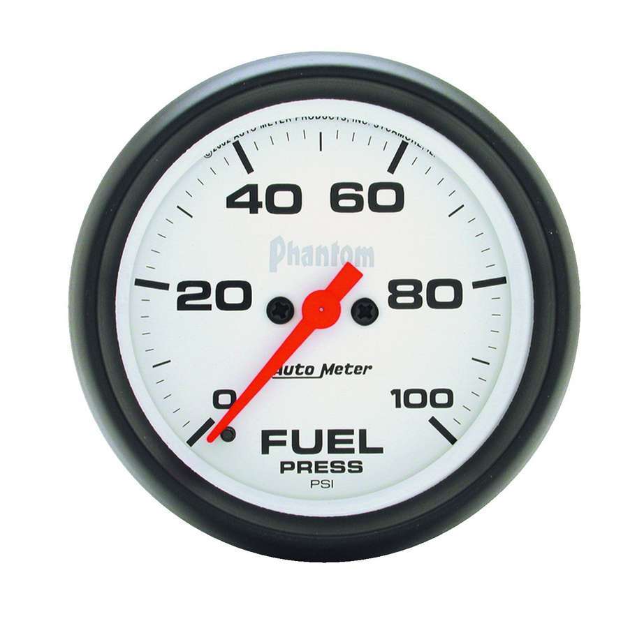 Auto Meter Fuel Pressure Gauge, Phantom, 0-100 psi, Electric, Analog, Full Sweep, 2-5/8" Diameter, White Face, Each