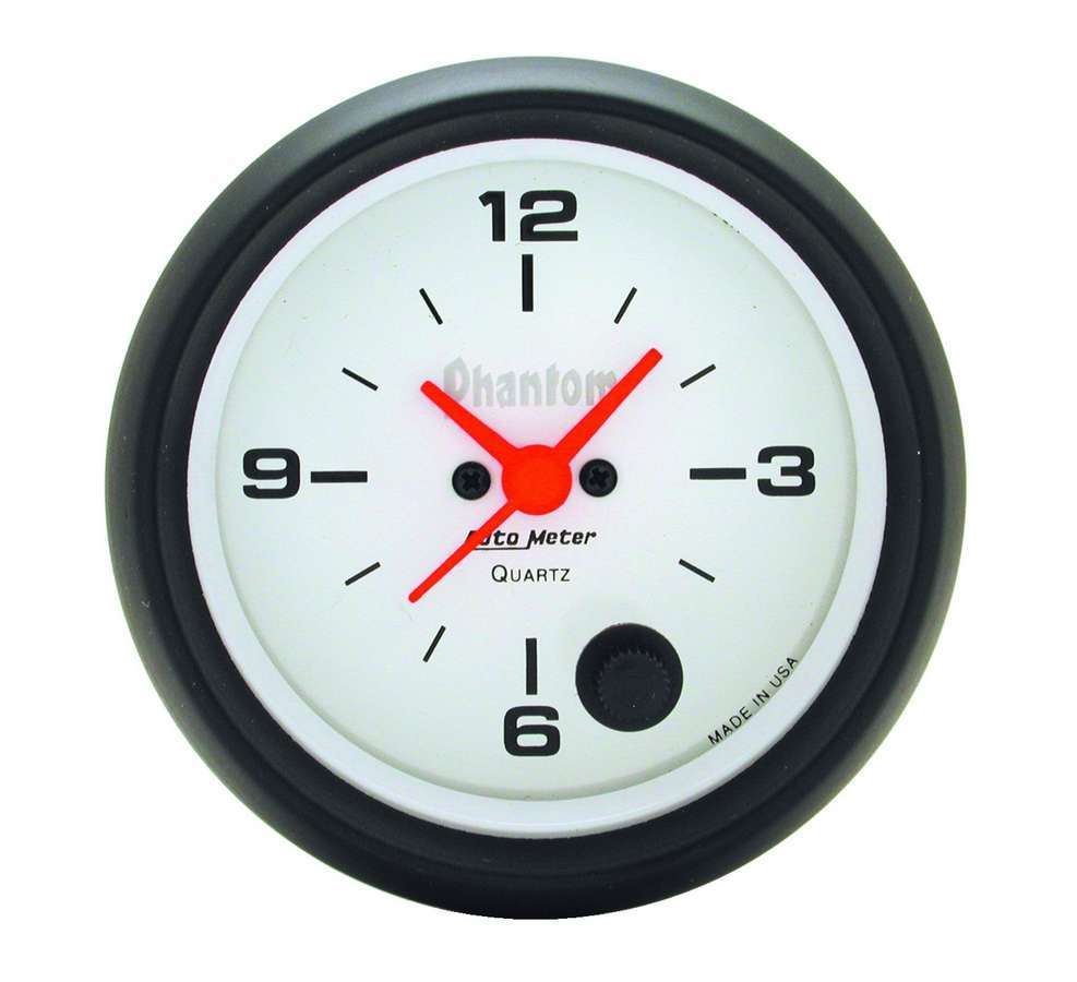 Auto Meter Clock Gauge, Phantom, Electric, Analog, 2-5/8" Diameter, White Face, Each