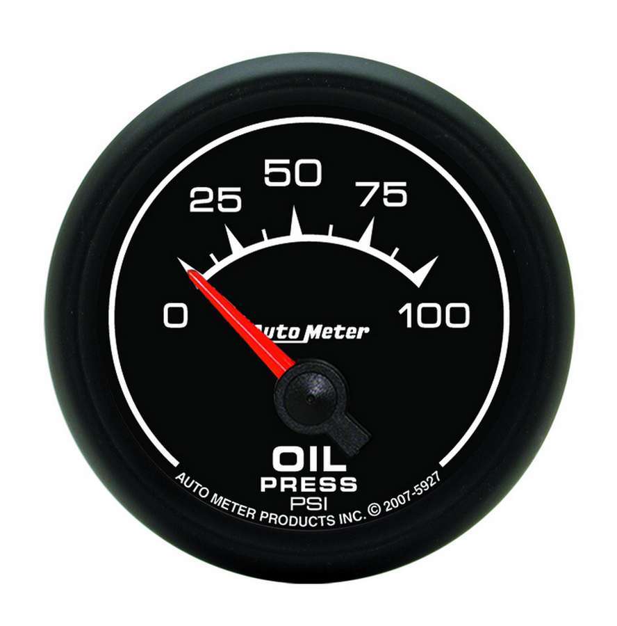 Auto Meter Oil Pressure Gauge, ES, 0-100 psi, Electric, Analog, Short Sweep, 2-1/16" Diameter, Black Face, Each