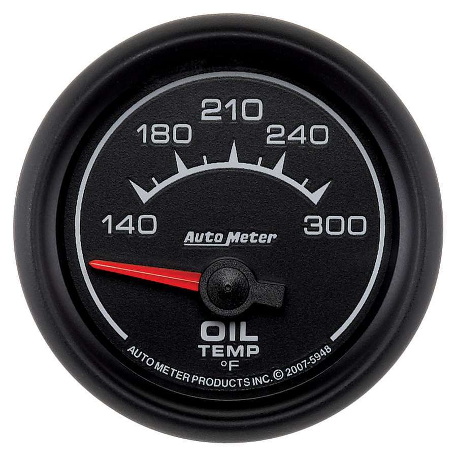 Auto Meter Oil Temperature Gauge, ES, 140-300 Degree F, Electric, Analog, Short Sweep, 2-1/16" Diameter, Black Face, Each