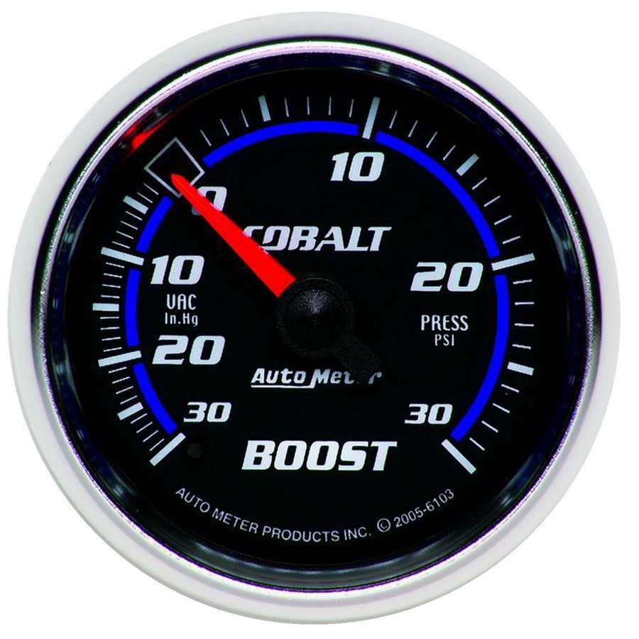 Auto Meter Boost/Vacuum Gauge, Cobalt, 30" HG-30 psi, Mechanical, Analog, 2-1/16" Diameter, Black Face, Each