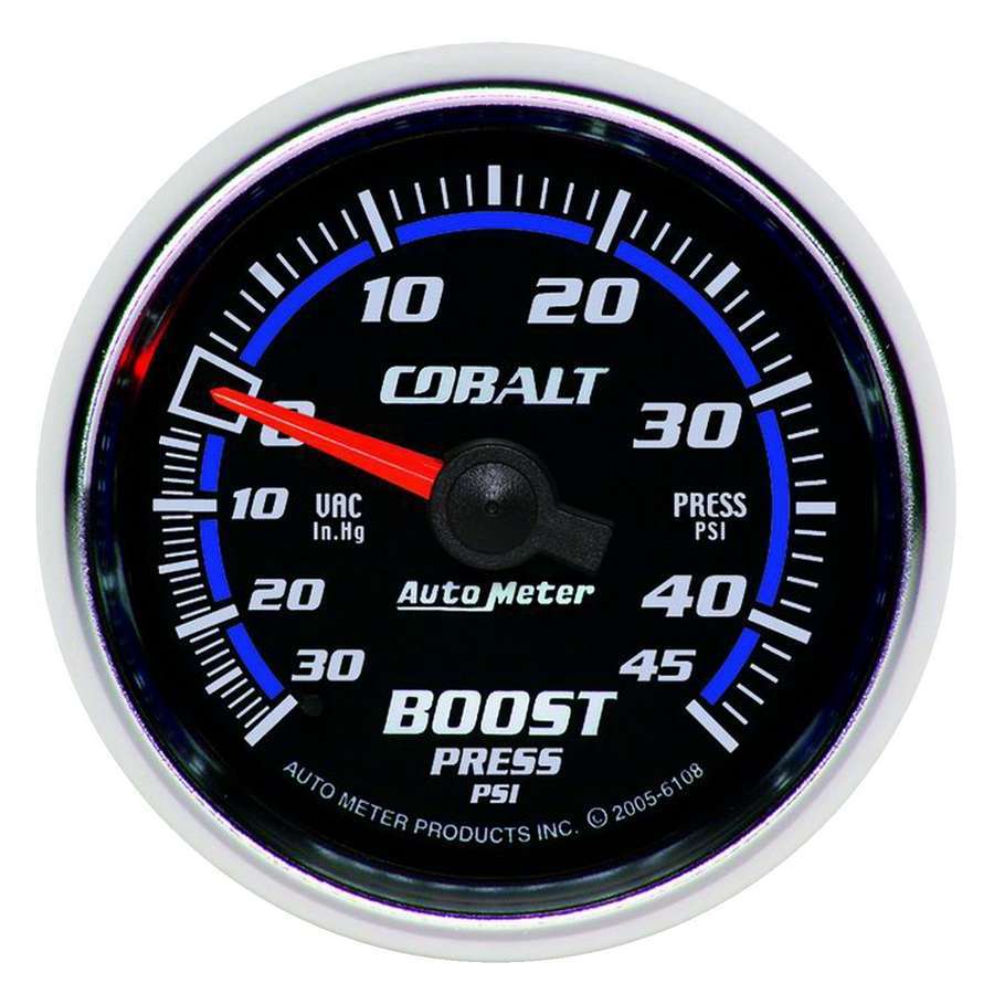 Auto Meter Boost/Vacuum Gauge, Cobalt, 30" HG-45 psi, Mechanical, Analog, 2-1/16" Diameter, Black Face, Each