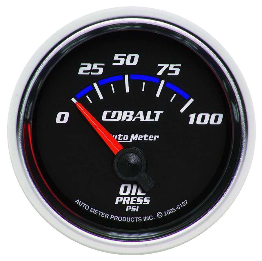 Auto Meter Oil Pressure Gauge, Cobalt, 0-100 psi, Electric, Analog, Short Sweep, 2-1/16" Diameter, Black Face, Each