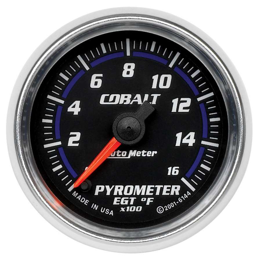 Auto Meter EGT Gauge, Cobalt, 0-1600 Degree F, Electric, Analog, Full Sweep, 2-1/16" Diameter, Black Face, Each