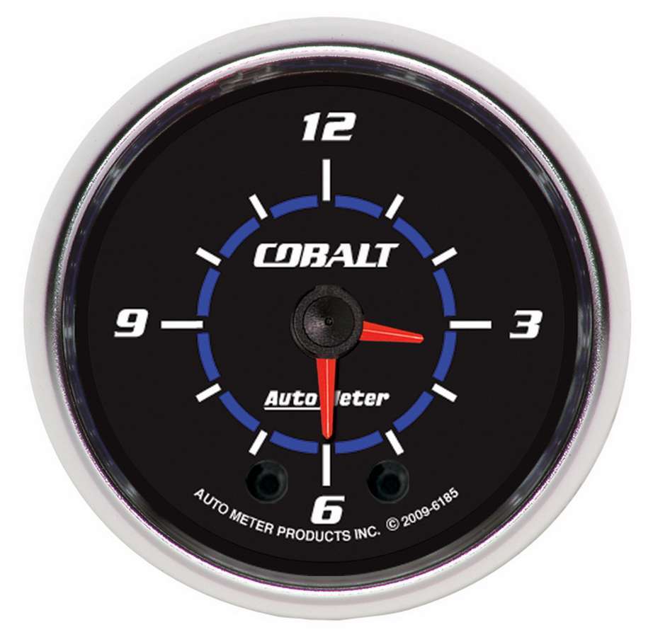 Auto Meter Clock Gauge, Cobalt, Electric, Analog, 2-1/16" Diameter, Black Face, Each