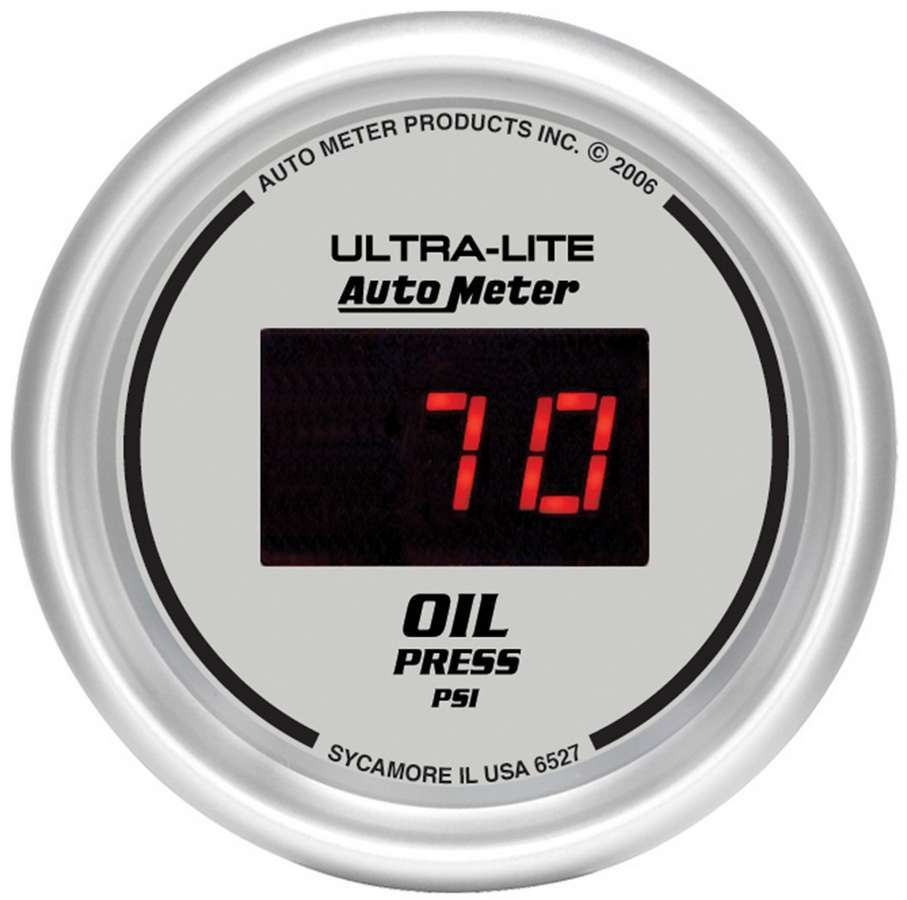 Auto Meter Oil Pressure Gauge, Ultra-Lite, 0-100 psi, Electric, Digital, 2-1/16" Diameter, Silver Face, Each