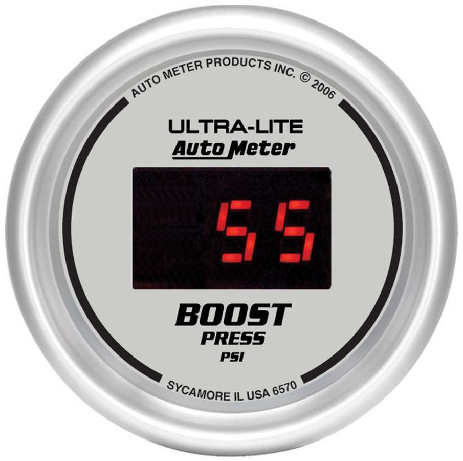 Auto Meter Boost Gauge, Ultra-Lite, 5-60 psi, Electric, Digital, 2-1/16" Diameter, Silver Face, Each