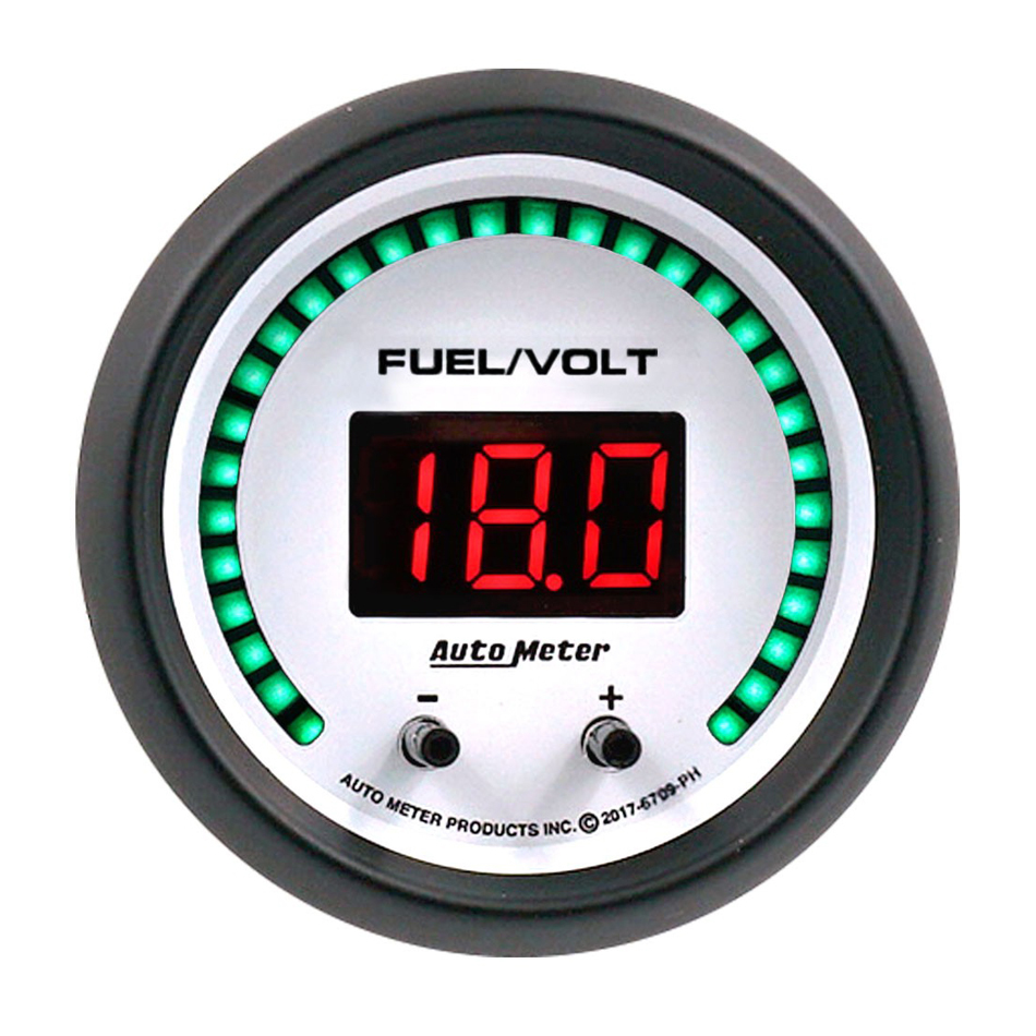 Auto Meter Combination Gauge, Phantom Elite, Digital, Electric, Fuel Level/Voltmeter, 2-1/16" Diameter, White Face, Each