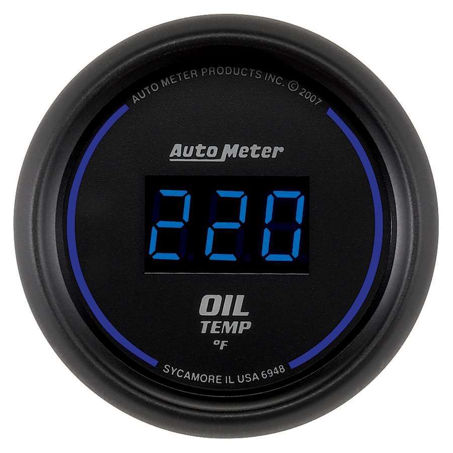 Auto Meter Oil Temperature Gauge, Cobalt, 0-340 Degree F, Electric, Digital, Blue LED, 2-1/16" Diameter, Black Face, Each