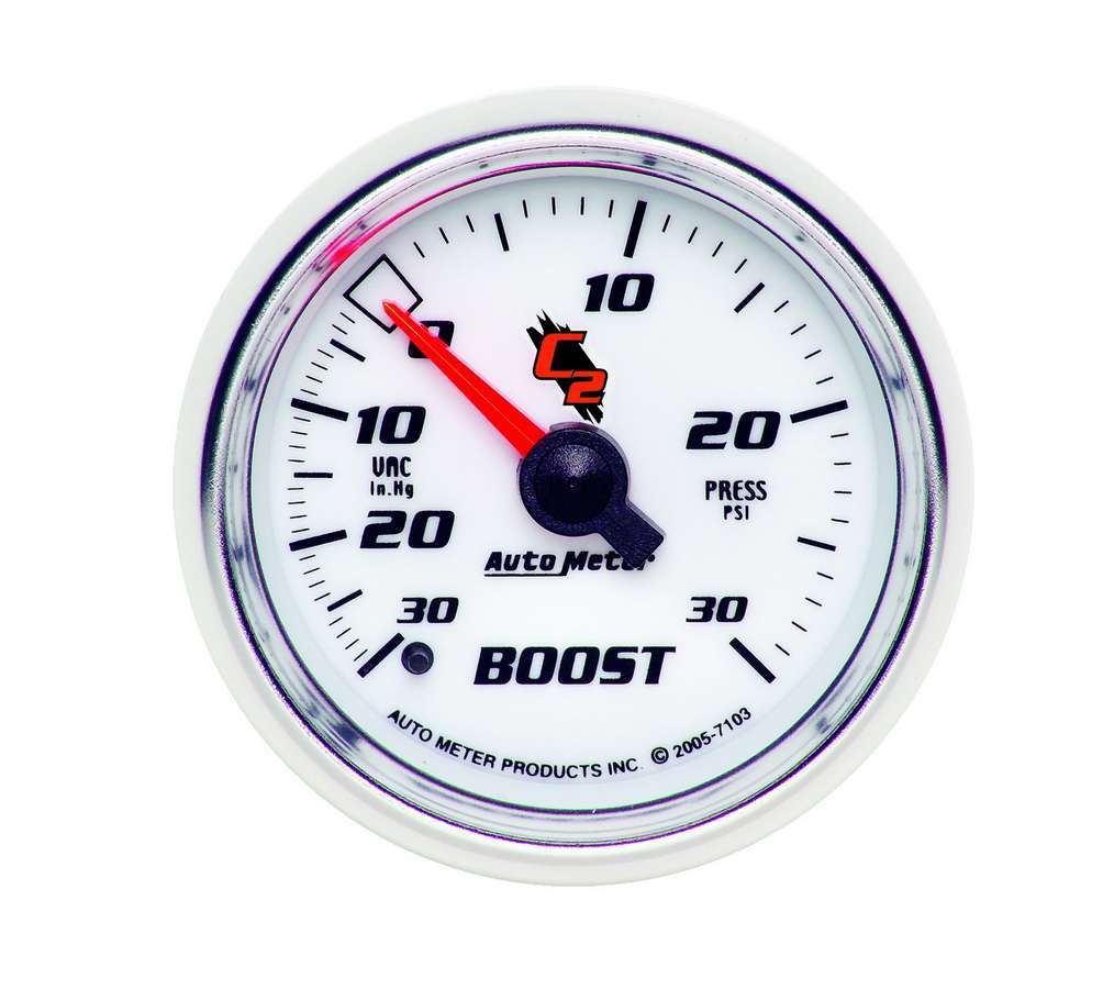 Auto Meter Boost/Vacuum Gauge, C2, 30" HG-30 psi, Mechanical, Analog, 2-1/16" Diameter, White Face, Each