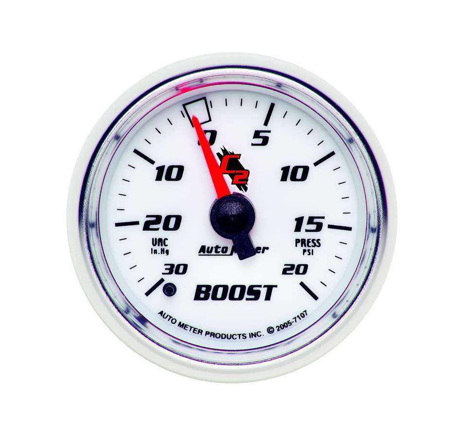 Auto Meter Boost/Vacuum Gauge, C2, 30" HG-20 psi, Mechanical, Analog, 2-1/16" Diameter, White Face, Each