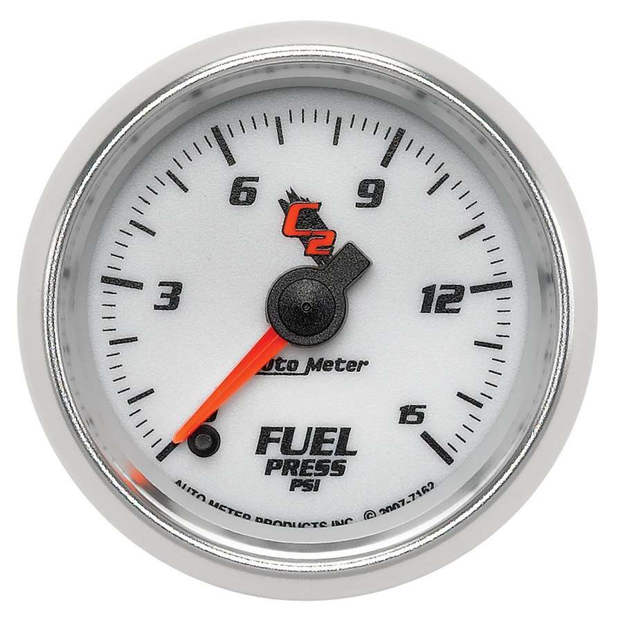 Auto Meter Fuel Pressure Gauge, C2, 0-15 psi, Electric, Analog, Full Sweep, 2-1/16" Diameter, White Face, Each