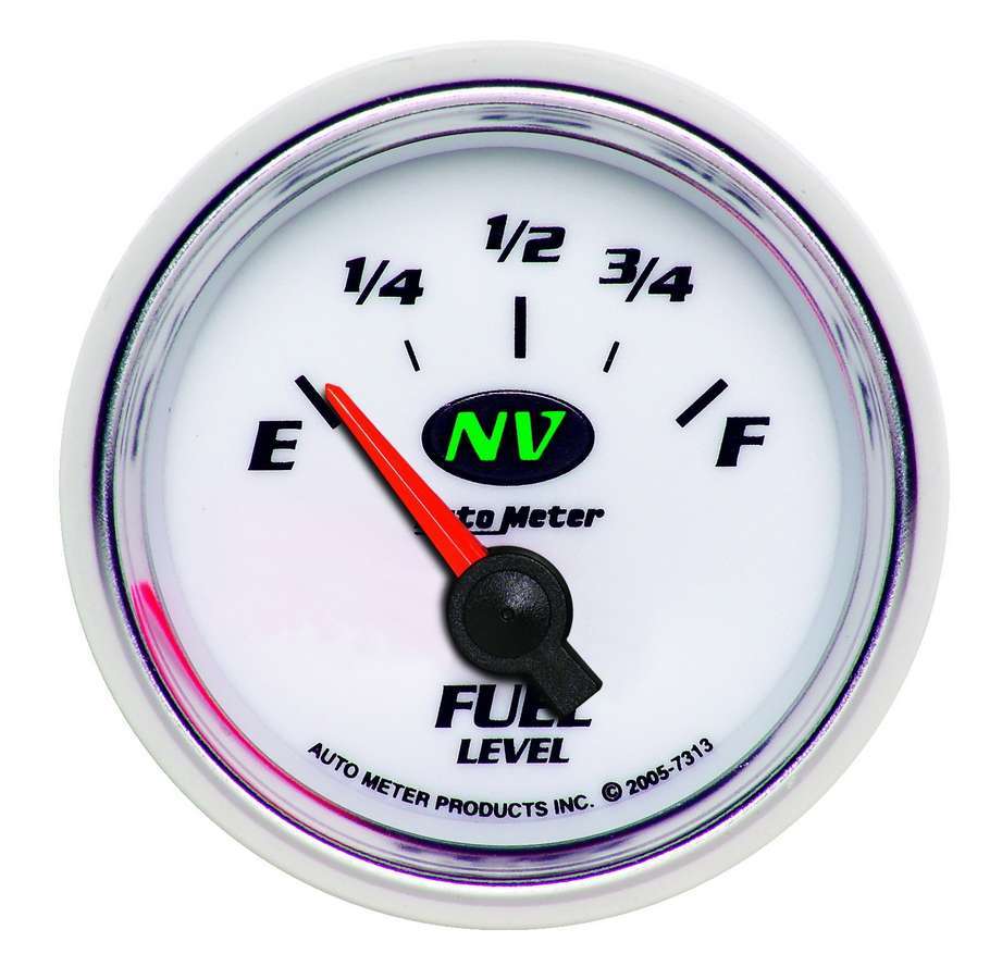 Auto Meter Fuel Level Gauge, NV, 0-90 ohm, Electric, Analog, Short Sweep, 2-1/16" Diameter, White Face, Each