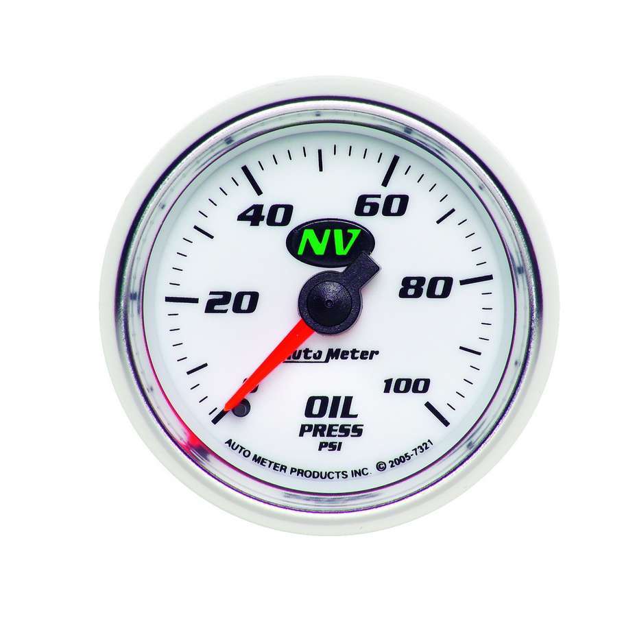 Auto Meter Oil Pressure Gauge, NV, 0-100 psi, Mechanical, Analog, 2-1/16" Diameter, White Face, Each