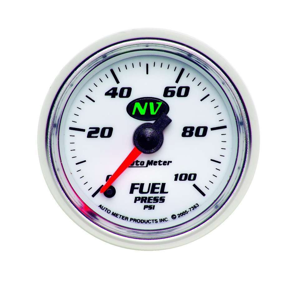 Auto Meter Fuel Pressure Gauge, NV, 0-100 psi, Electric, Analog, Full Sweep, 2-1/16" Diameter, White Face, Each