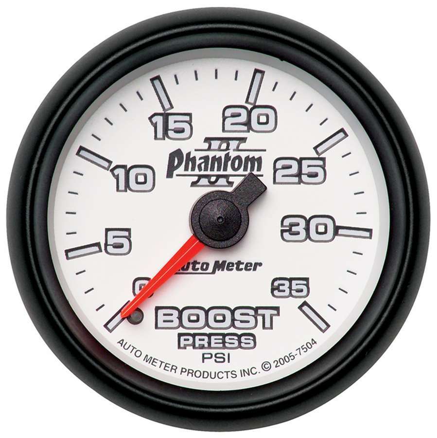 Auto Meter Boost Gauge, Phantom II, 0-35 psi, Mechanical, Analog, 2-1/16" Diameter, White Face, Each