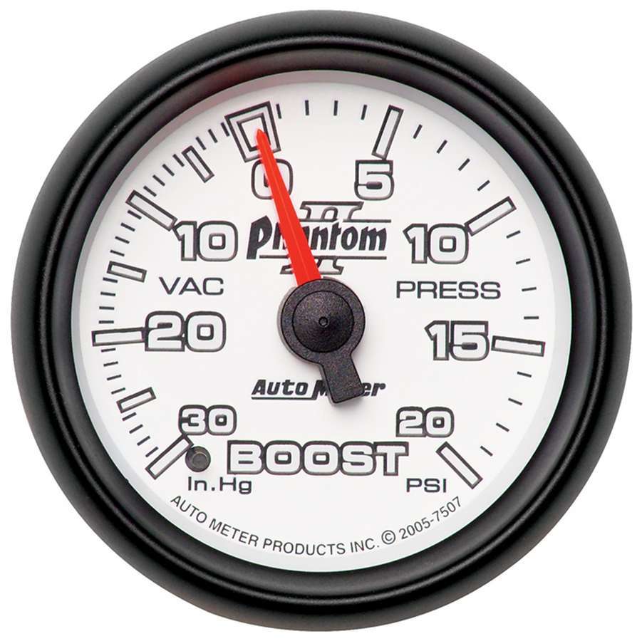 Auto Meter Boost/Vacuum Gauge, Phantom II, 30" HG-20 psi, Mechanical, Analog, 2-1/16" Diameter, White Face, Each