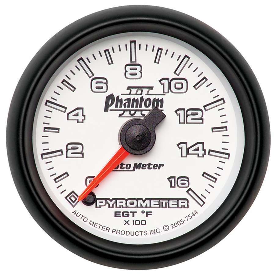 Auto Meter EGT Gauge, Phantom II, 0-1600 Degree F, Electric, Analog, Full Sweep, 2-1/16" Diameter, White Face, Each