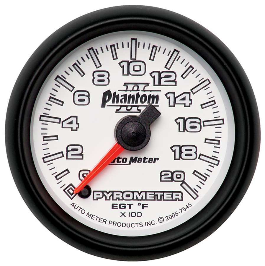Auto Meter EGT Gauge, Phantom II, 0-2000 Degree F, Electric, Analog, Full Sweep, 2-1/16" Diameter, White Face, Each
