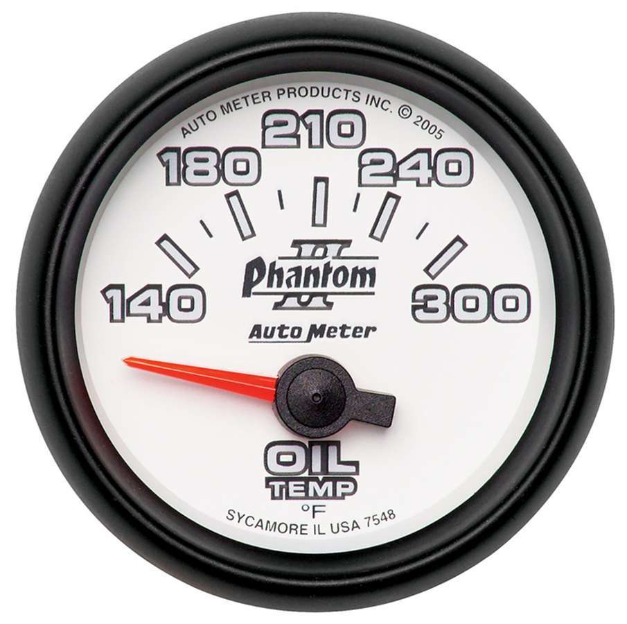 Auto Meter Oil Temperature Gauge, Phantom II, 140-300 Degree F, Electric, Analog, Short Sweep, 2-1/16" Diameter, White Face, Eac