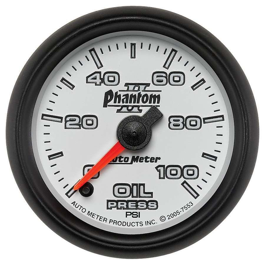 Auto Meter Oil Pressure Gauge, Phantom II, 0-100 psi, Electric, Analog, Full Sweep, 2-1/16" Diameter, White Face, Each