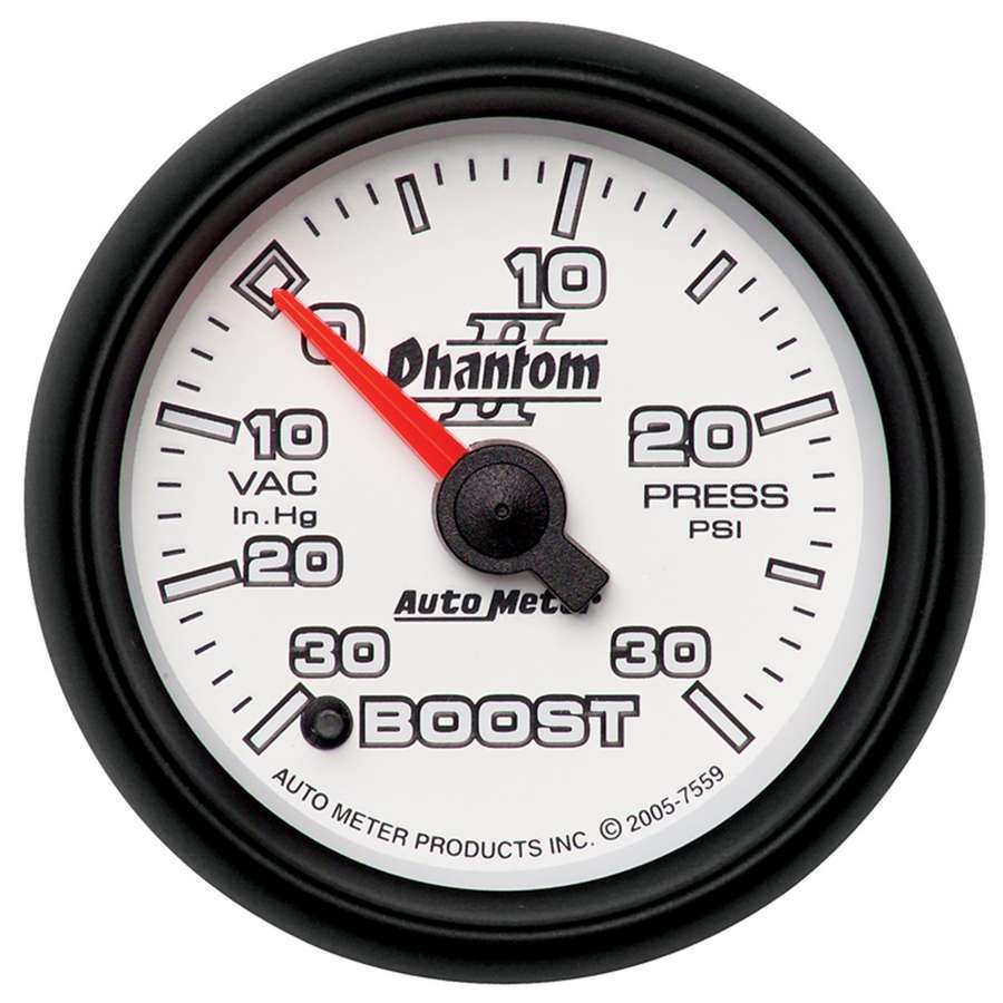 Auto Meter Boost/Vacuum Gauge, Phantom II, 30" HG-30 psi, Electric, Analog, Full Sweep, 2-1/16" Diameter, White Face, Each