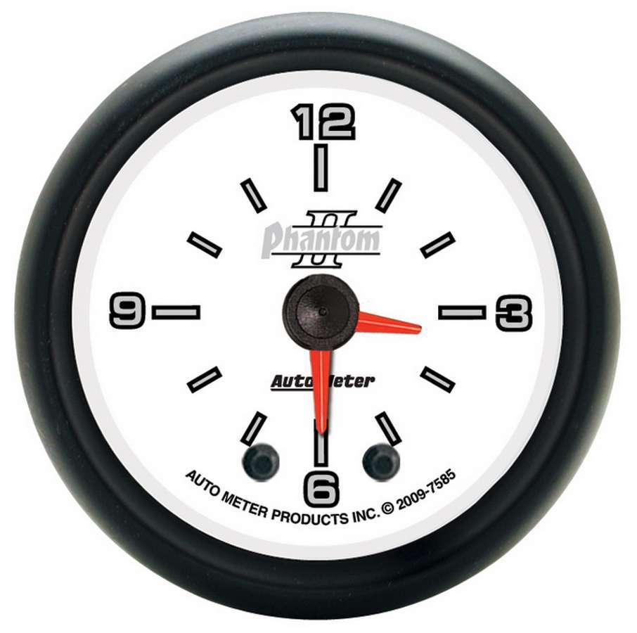Auto Meter Clock Gauge, Phantom II, Electric, Analog, 2-1/16" Diameter, White Face, Each
