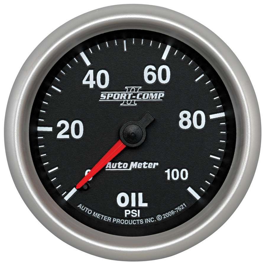 Auto Meter Oil Pressure Gauge, Sport-Comp II, 0-100 psi, Electric, Analog, Full Sweep, 2-5/8" Diameter, Black Face, Each