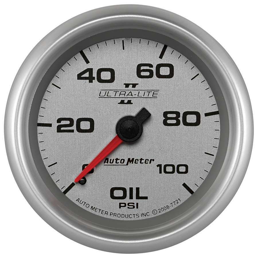 Auto Meter Oil Pressure Gauge, Ultra Lite II, 0-100 psi, Mechanical, Analog, 2-5/8" Diameter, Silver Face, Each