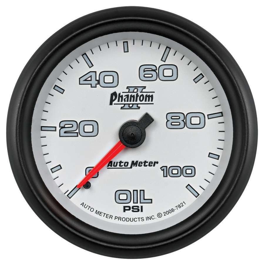Auto Meter Oil Pressure Gauge, Phantom II, 0-100 psi, Mechanical, Analog, 2-1/16" Diameter, White Face, Each