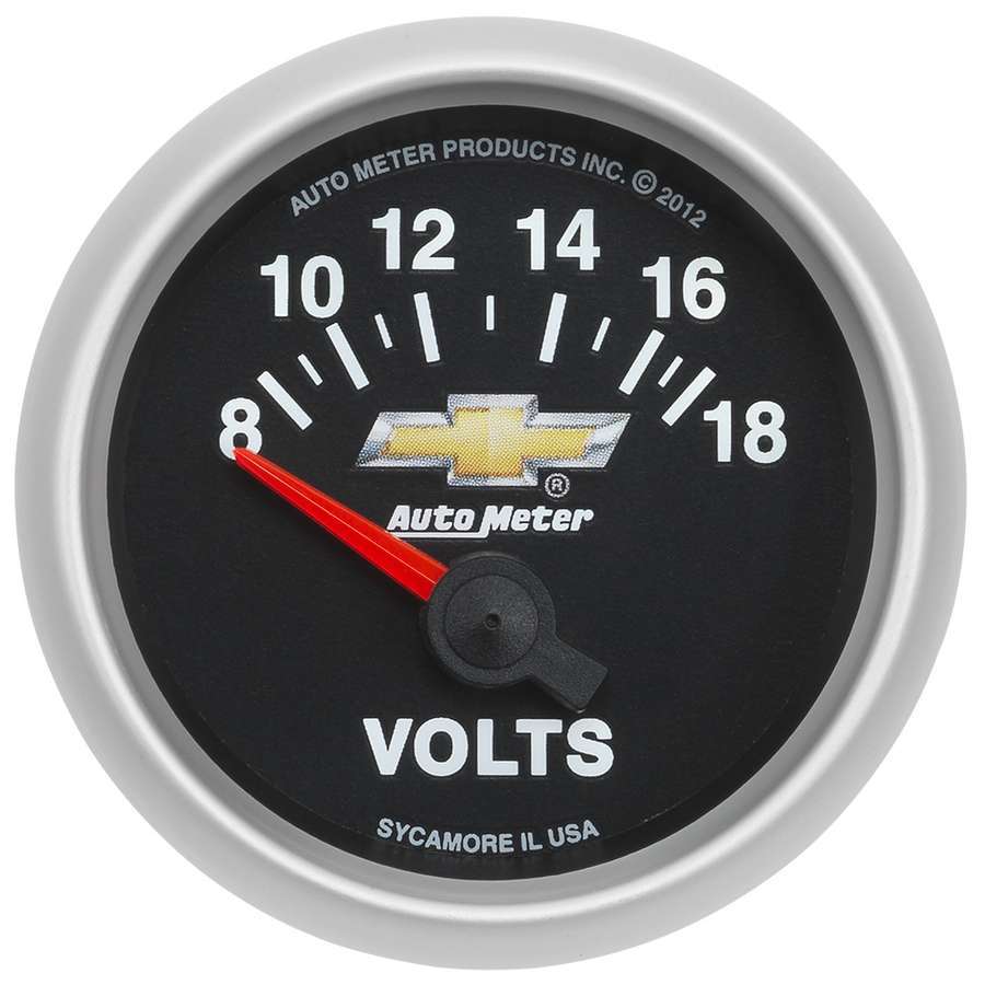 Auto Meter Voltmeter, COPO Camaro, 8-18V, Electric, Analog, Short Sweep, 2-1/16" Diameter, Bowtie Logo, Black Face, Each