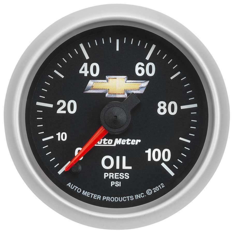 Auto Meter Oil Pressure Gauge, COPO Camaro, 0-100 psi, Electric, Analog, Full Sweep, 2-1/16" Diameter, Bowtie Logo, Black Face,