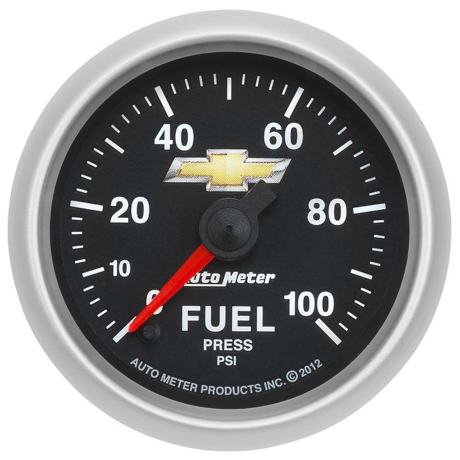 Auto Meter Fuel Pressure Gauge, COPO Camaro, 0-100 psi, Electric, Analog, Full Sweep, 2-1/16" Diameter, Bowtie Logo, Black Face,