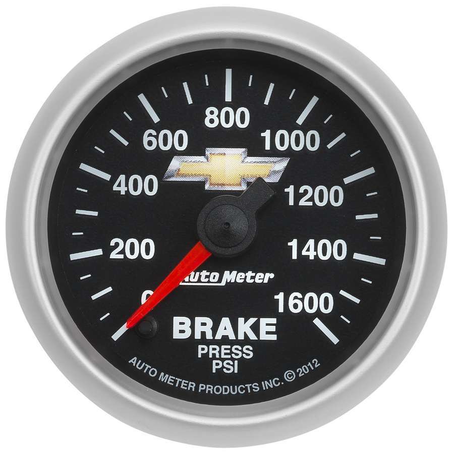 Auto Meter Brake Pressure Gauge, COPO Camaro, 0-1600 psi, Electric, Analog, Full Sweep, 2-1/16" Diameter, Bowtie Logo, Black Fac