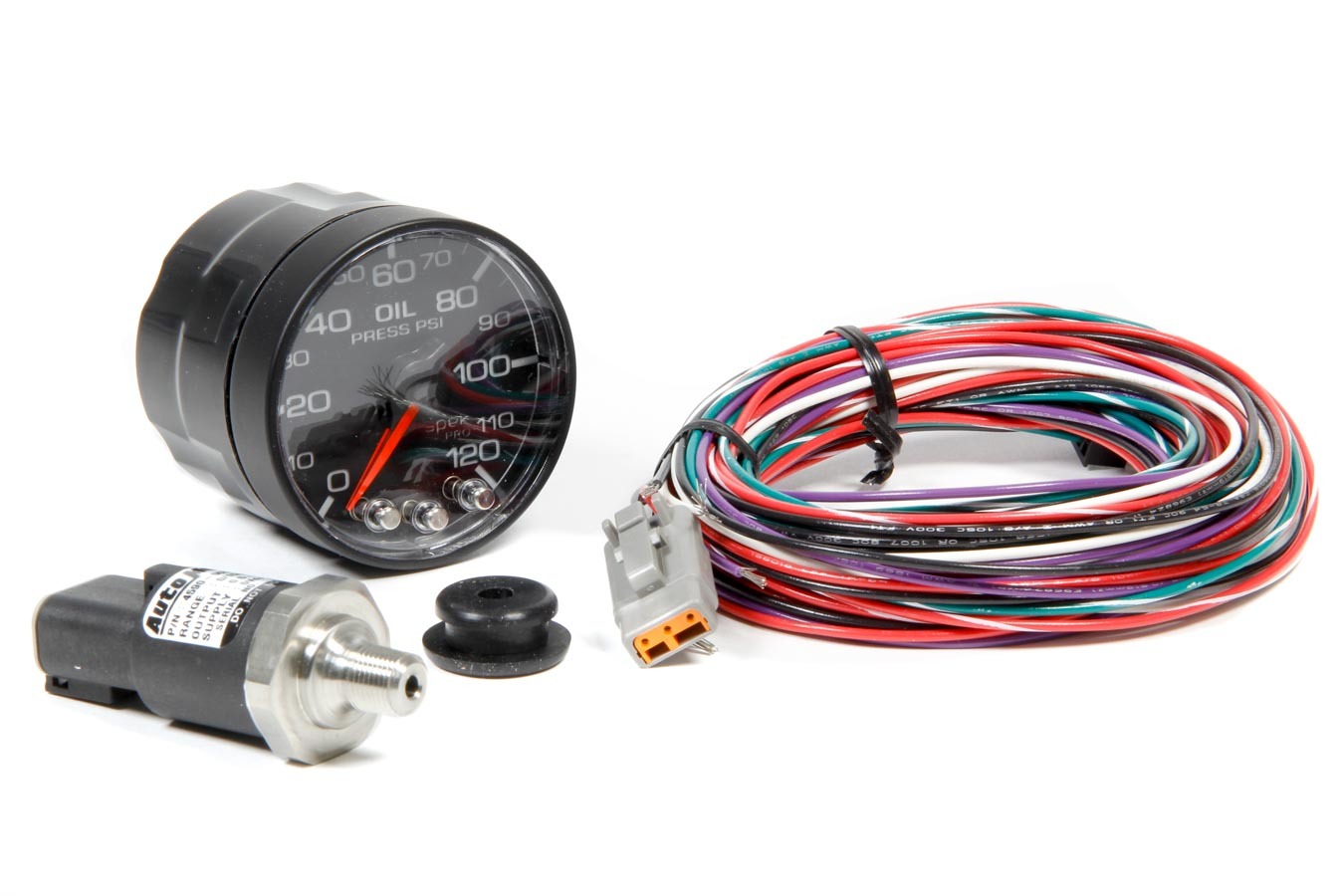 Auto Meter Oil Pressure Gauge, Spek Pro, 0-120 psi, Electric, Analog, Full Sweep, 2-1/16" Diameter, Black Face, Each