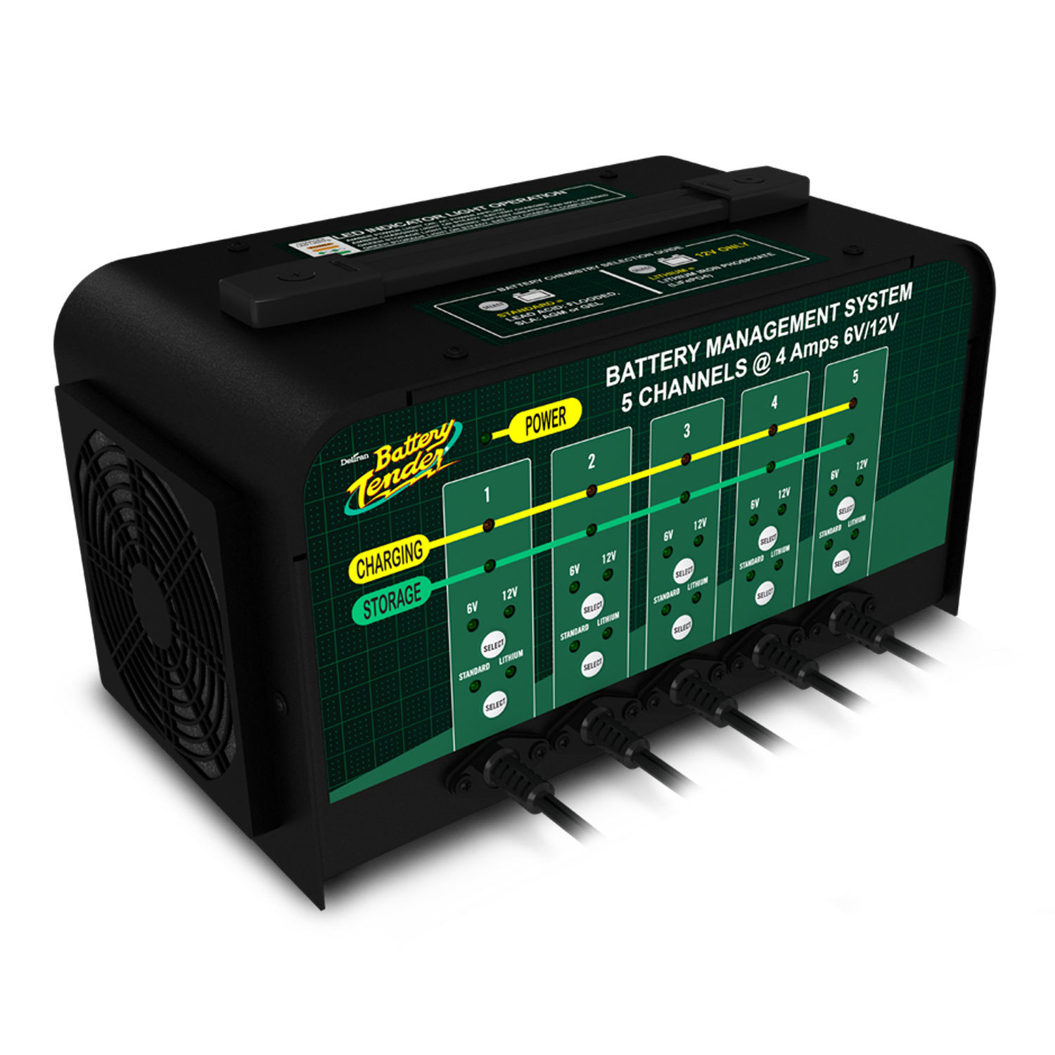 BATTERY TENDER Battery Charger, 5 Bank, 12/6V, 4 Amp, 4 Step Charging Program, 5 Output Cables Included, Each