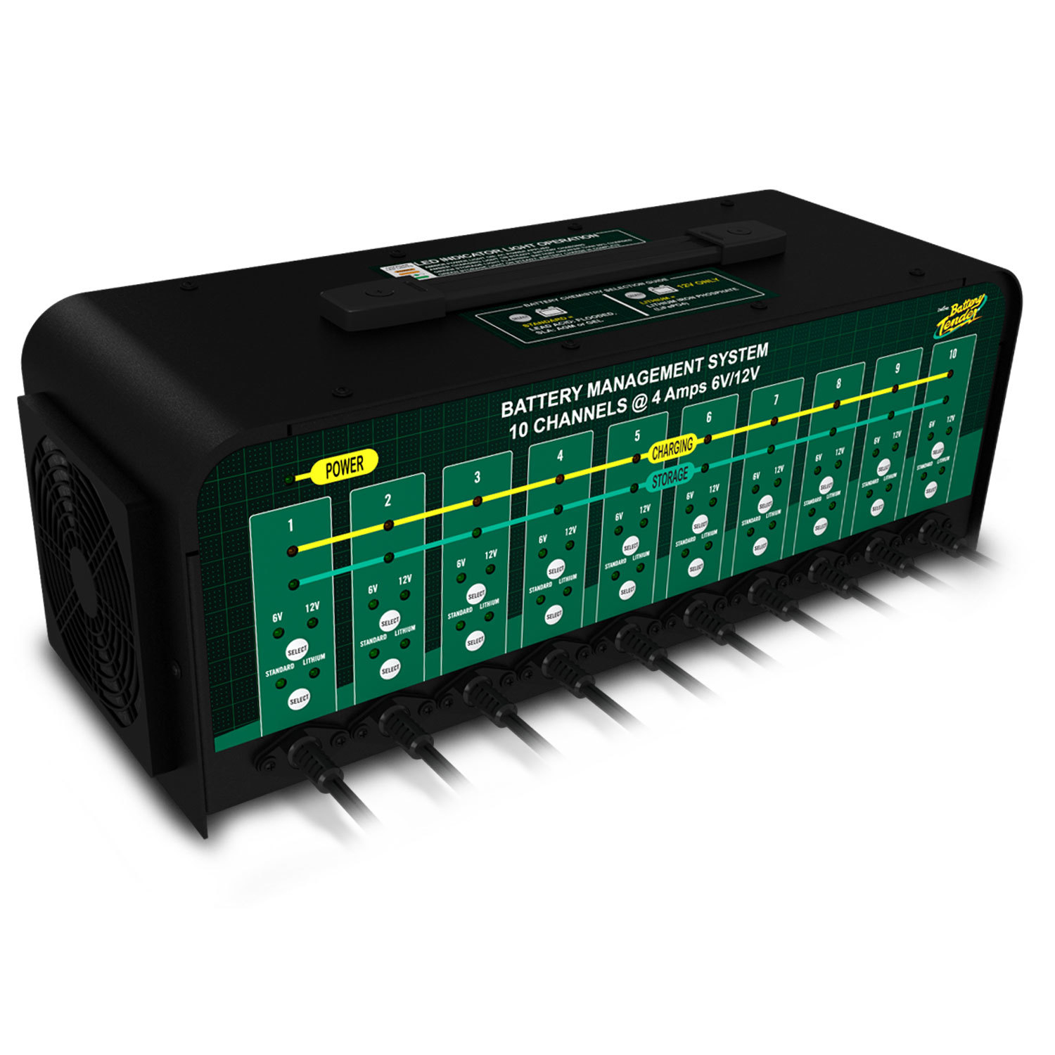 BATTERY TENDER Battery Charger, 10 Bank, 12/6V, 4 Amp, 4 Step Charging Program, 10 Output Cables Included, Each