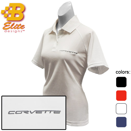 C6 Corvette Script Embroidered Ladies Performance Polo Shirt White- Medium -BDC6EPL118
