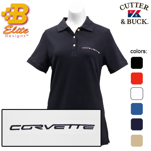C6 Corvette Script Embroidered Ladies Cutter & Buck Ace Polo Hampstead Blue- Large -BDC6EPL836