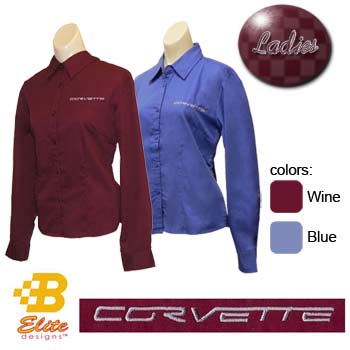 C6 Corvette Script Ladies Long Sleeve Corvette Dress Shirt Wine- Small -BDC6ESL913