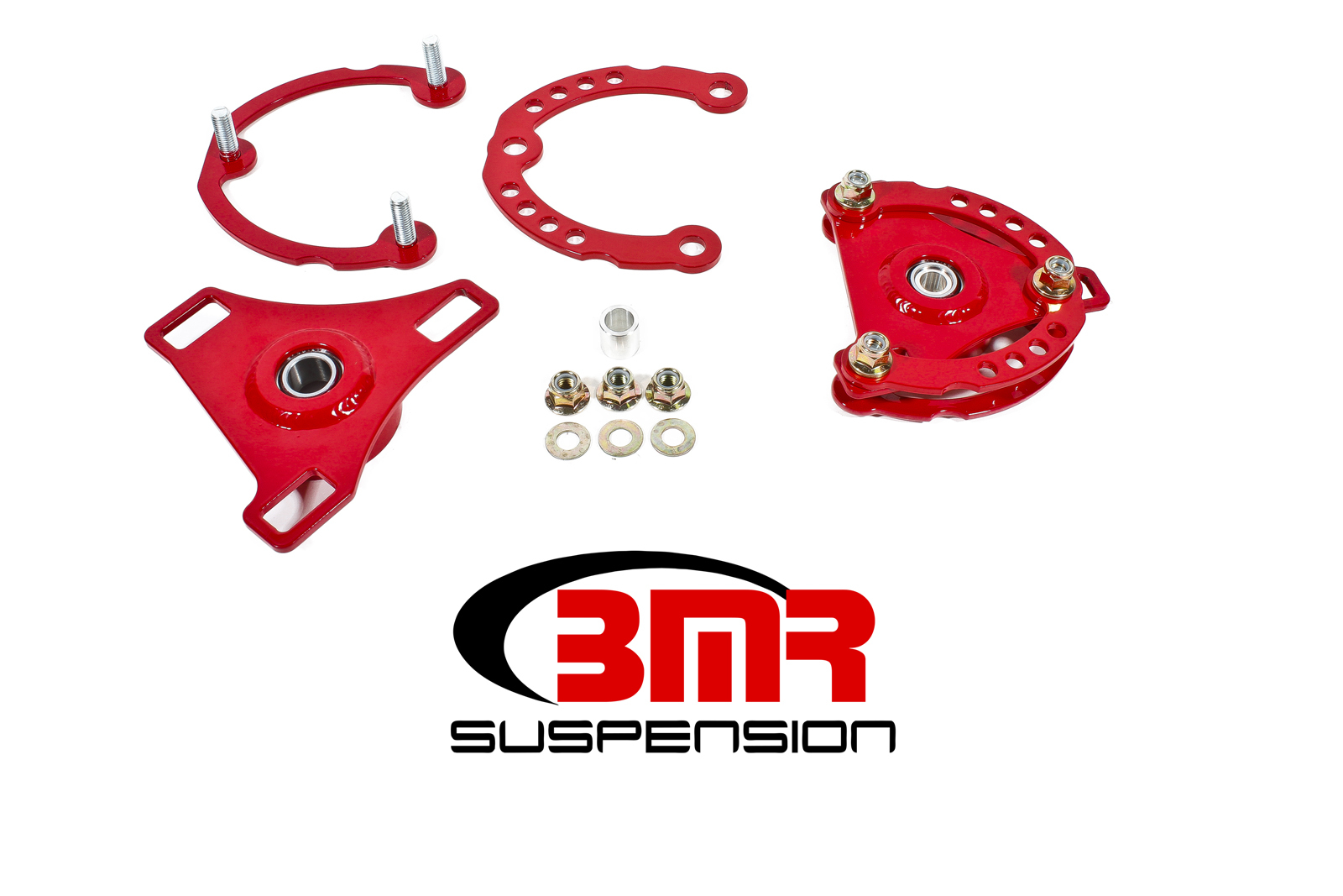 BMR Suspension Caster/Camber Plates, Independent Caster/Camber Adjustment, Aluminum, Red Anodize, Ford Mustang 2015-17, Kit