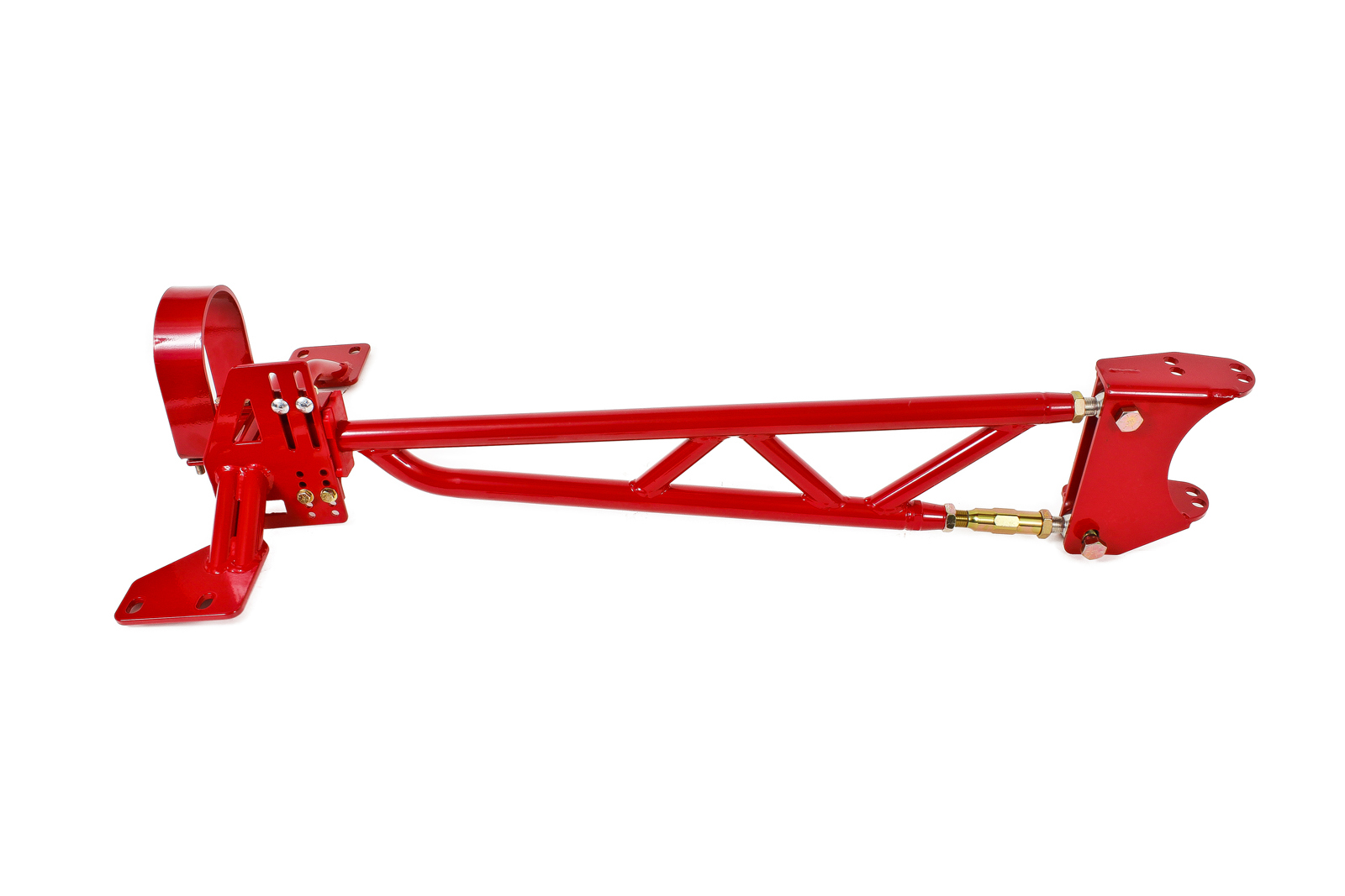 BMR Suspension Torque Arm, Tubular, Adjustable, Polyurethane Bushing, Tunnel Mounted, Drive Shaft Loop, Steel, Red Powder Coa